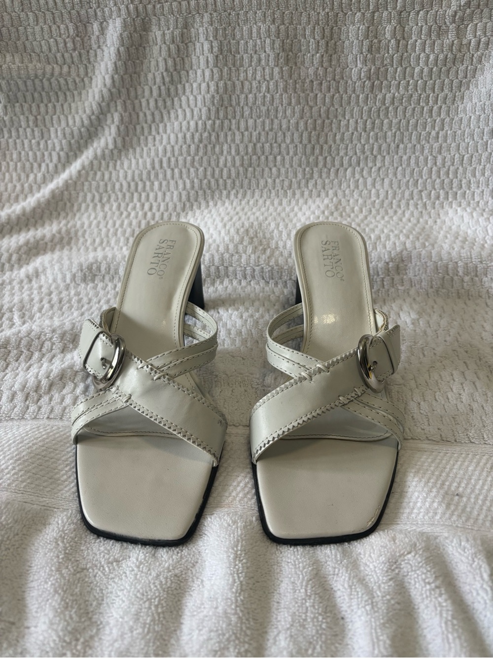 Franco Sarto White Leather Cross-Strap Buckle Mules